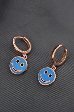 925 Ayar Gümüş Rose Kaplama Mavi Mineli Smile Halka Küpe
