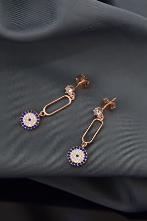 925 Ayar Gümüş Rose Kaplama Zirkon Taşlı Tek Taş Sallantılı Kutup Nazar Küpe