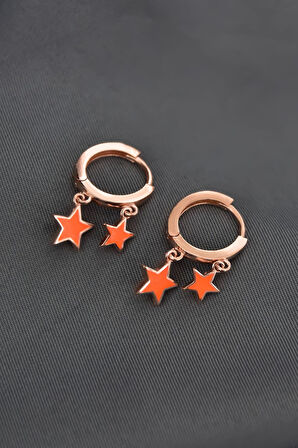 925 Ayar Gümüş Rose Kaplama Turuncu Mineli Yıldız Halka Küpe