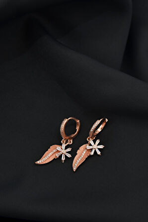 925 Ayar Gümüş Rose Kaplama Tasarım Zirkon Taşlı Yaprak Ve Akasma Çiçeği Halka Küpe