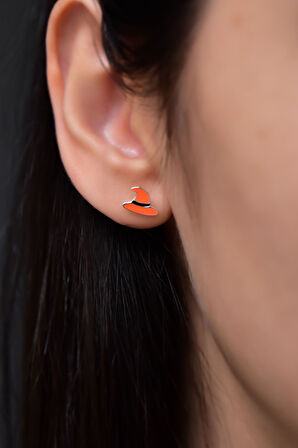 925 Ayar Gümüş Rodyum Kaplama Turuncu Mineli Cadılar Bayramı, Cadı Şapkası Küpe