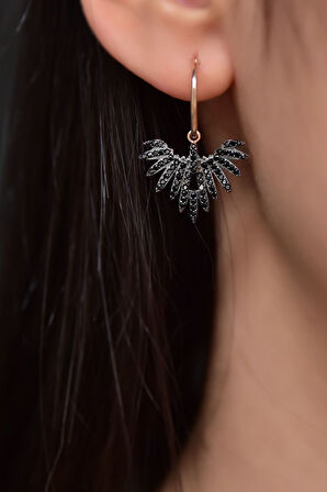 925 Ayar Gümüş Rose Kaplama Siyah Zirkon Taşlı Kadın Anka Kuşu Figürlü Halkalı Küpe