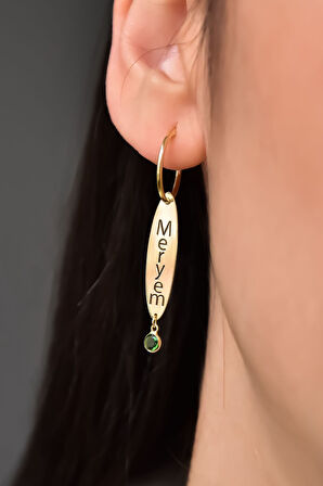 925 Ayar Gümüş Gold Kaplama Doğum Taşlı Oval Plaka Isimli Halka Küpe