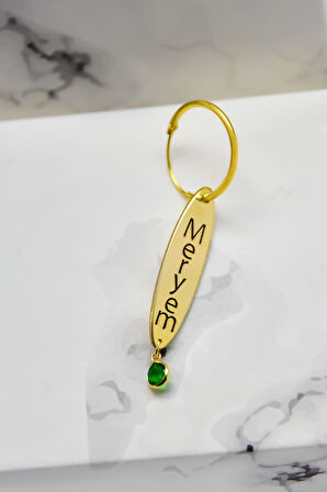 925 Ayar Gümüş Gold Kaplama Doğum Taşlı Oval Plaka Isimli Halka Küpe