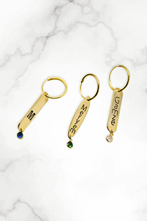 925 Ayar Gümüş Gold Kaplama Doğum Taşlı Oval Plaka Isimli Halka Küpe