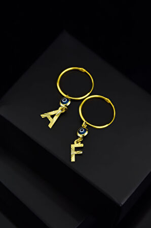 925 Ayar Gümüş Gold Kaplama Cam Göz Nazar Kalemli Harf Çivili Küpe