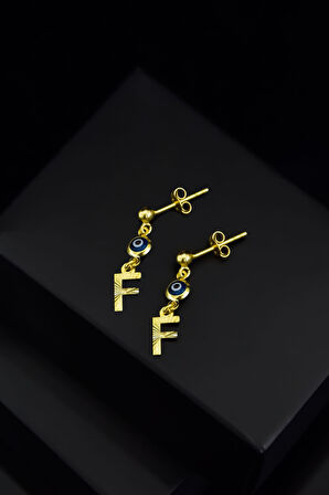 925 Ayar Gümüş Gold Kaplama Cam Göz Nazar Kalemli Harf Çivili Küpe