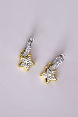 925 Ayar Gümüş Gold-rodyum Kaplama Zirkon Taşlı Tasarım Yıldız Halka Küpe