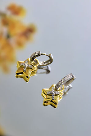 925 Ayar Gümüş Gold-rodyum Kaplama Zirkon Taşlı Tasarım Yıldız , X Halka Küpe