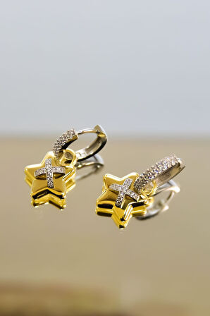 925 Ayar Gümüş Gold-rodyum Kaplama Zirkon Taşlı Tasarım Yıldız , X Halka Küpe