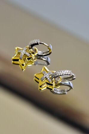 925 Ayar Gümüş Gold-rodyum Kaplama Zirkon Taşlı Tasarım Yıldız , X Halka Küpe