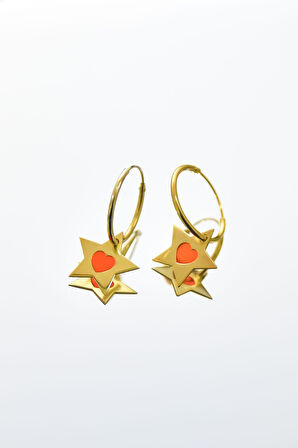 925 Ayar Gümüş Gold Kaplama Rüya Serisi Tasarım Ebruli Cam Boya Mineli Yıldız Kalpli Halka Küpe