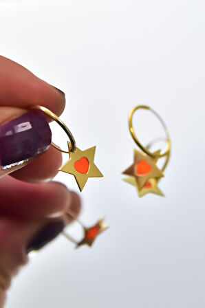 925 Ayar Gümüş Gold Kaplama Rüya Serisi Tasarım Ebruli Cam Boya Mineli Yıldız Kalpli Halka Küpe