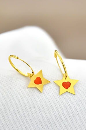 925 Ayar Gümüş Gold Kaplama Rüya Serisi Tasarım Ebruli Cam Boya Mineli Yıldız Kalpli Halka Küpe