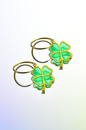 925 Ayar Gümüş Gold Kaplama Parlayan Rüya Serisi Tasarım Renkli Ebruli Cam Yonca Küpe