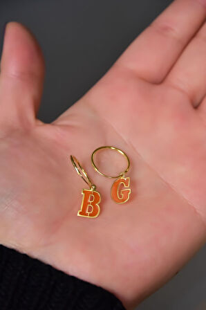 925 Ayar Gümüş Gold Kaplama Parlayan Rüya Serisi Tasarım Ebruli Cam Boyalı Harf Halka Küpe