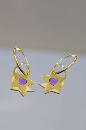 925 Ayar Gümüş Gold Kaplama Parlayan Rüya Serisi Tasarım Ebruli Lila Cam Boya Yıldız Kalpli Küpe