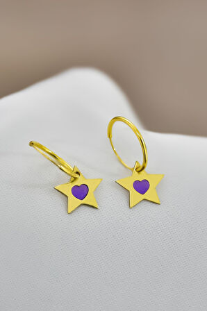 925 Ayar Gümüş Gold Kaplama Parlayan Rüya Serisi Tasarım Ebruli Lila Cam Boya Yıldız Kalpli Küpe