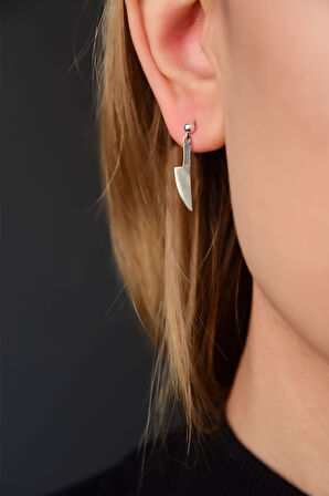 925 Ayar Gümüş Rodyum Kaplama Gastronomi Şef Bıçak Çivili Küpe