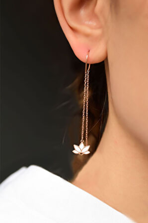 925 Ayar Gümüş Rose Kaplama Parlayan Rüya Serisi Tasarım Beyaz Cam Boyalı Lotus Zincir Küpe