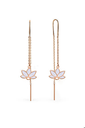 925 Ayar Gümüş Rose Kaplama Parlayan Rüya Serisi Tasarım Beyaz Cam Boyalı Lotus Zincir Küpe