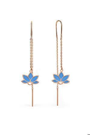 925 Ayar Gümüş Rose Kaplama Parlayan Rüya Serisi Tasarım Mavi Cam Boyalı Lotus Zincir Küpe