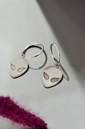 925 Ayar Gümüş Rodyum Kaplama Uzaylı, Alien Halka Küpe