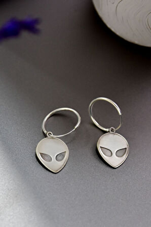 925 Ayar Gümüş Rodyum Kaplama Uzaylı, Alien Halka Küpe