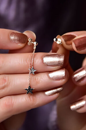 925 Ayar Gümüş Rose-rodyum Kaplama Kalemli Ve Zirkon Taşlı Çift Yıldız Ve Top Küpe