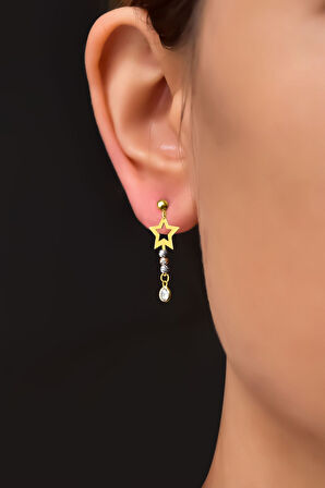 925 Ayar Gümüş Üç Renk Dorika Toplu, Zirkon Taş Sallantılı Yıldız Çivili Küpe