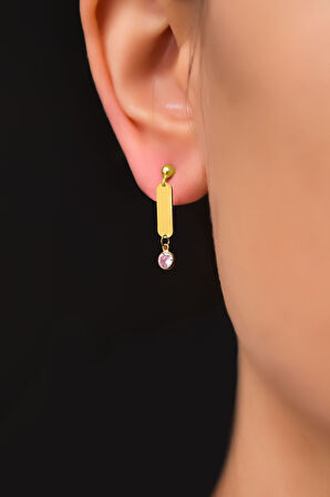 925 Ayar Gümüş Gold Kaplama Doğum Taşlı Çubuk Küpe