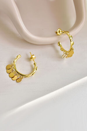 925 Ayar Gümüş Gold Kaplama Yuvarlak Pullu Sallantılı Shakira Tasarım Halka Küpe