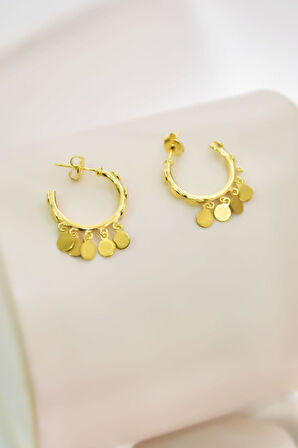 925 Ayar Gümüş Gold Kaplama Yuvarlak Pullu Sallantılı Shakira Tasarım Halka Küpe