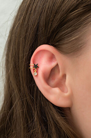 925 Ayar Gümüş Gold Siyah Taşlı Yıldız Kıkırdak Gümüş Kıkırdak Küpe