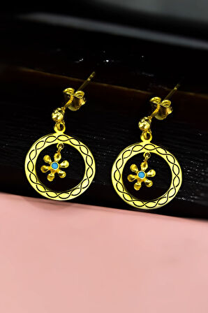925 Ayar Gümüş Gold Kaplama Zincir Desenli Çember, Mini Papatya Sallantılı Küpe