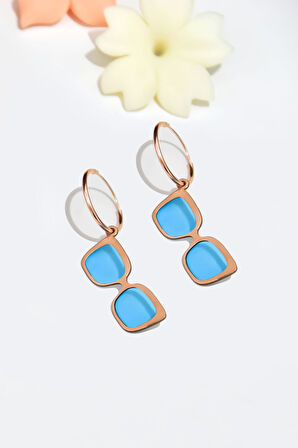 925 Ayar Gümüş Rose Kaplama Rüya Serisi, Mavi Mineli Vintage Kare Gözlük Küpe