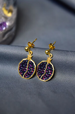 925 Ayar Gümüş Gold Kaplama Bereket Tılsımı Nar Tanesi Çivili Küpe