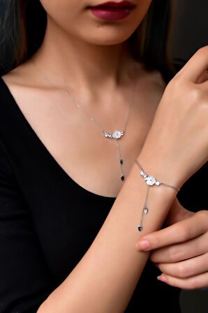 925 Ayar Gümüş Rodyum Kaplama Zincir Sallantılı Taşlı Sedef Manolya Çiçeği Kolye Ve Bileklik Set
