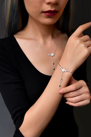 925 Ayar Gümüş Rodyum Kaplama Zincir Sallantılı Taşlı Sedef Manolya Çiçeği Kolye Ve Bileklik Set