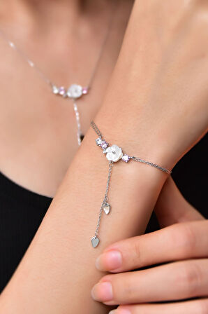 925 Ayar Gümüş Rodyum Kaplama Zincir Sallantılı Taşlı Sedef Manolya Çiçeği Kolye Ve Bileklik Set