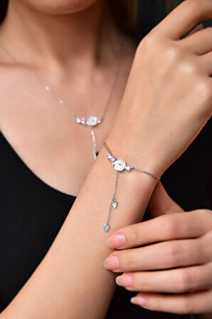 925 Ayar Gümüş Rodyum Kaplama Zincir Sallantılı Taşlı Sedef Manolya Çiçeği Kolye Ve Bileklik Set