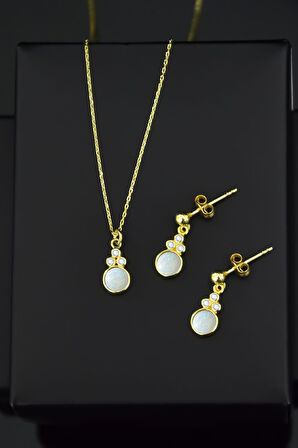 925 Ayar Gümüş Gold Kaplama Beyaz Opal Yuvarlak Kolye Ve Çivili Küpe Set