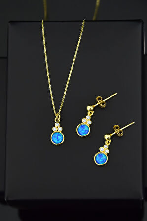 925 Ayar Gümüş Gold Kaplama Mavi Opal Yuvarlak Kolye Ve Çiftli Küpe