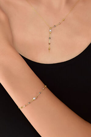 925 Ayar Gümüş Üç Renk Dorika Toplu Incili Kolye Bileklik Set