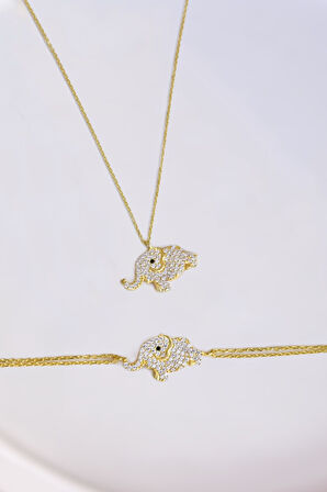 925 Ayar Gümüş Gold Kaplama Zirkon Taşlı Fil Kolye Ve Bileklik Set