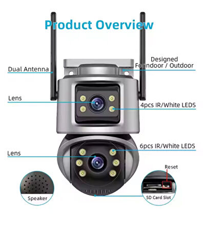 4K UHD WiFi Güvenlik Kamerası, Çift Lensli 2.4GHz, AI İnsan Algılama, Renkli Gece Görüşü, İki Yönlü Ses, Hareket Uyarısı, P6SLite Uygulaması ile Uyumlu, Bulut ve SD Kart Depolama, Type C Tak, İç/Dış Mekan Kullanımı, 110V/220V, Pil Gerektirmez