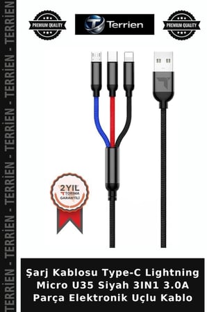 Şarj Kablosu Type-C Lightning Micro U35 Siyah 3IN1 3.0A Parça Elektronik Uçlu Kablo