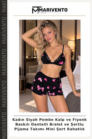Kadın Siyah Pembe Kalp ve Fiyonk Baskılı Dantelli Bralet ve Şortlu Pijama Takımı Mini Şort Rahatlık