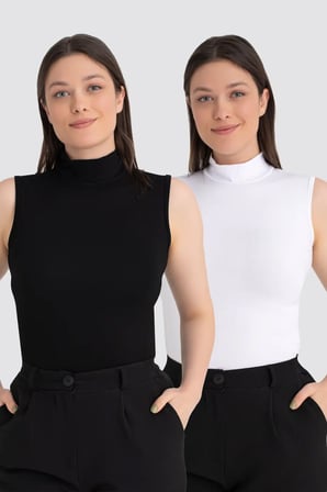 Özel Üretim Kombin Parçası Günlük Şıklık Sade Tarz Kadın Beyaz Siyah 2'li Kolsuz Body Balıkçı Yaka