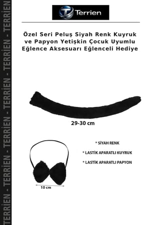 Özel Seri Peluş Siyah Renk Kuyruk ve Papyon Yetişkin Çocuk Uyumlu Eğlence Aksesuarı Eğlenceli Hediye